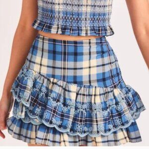 LOVESHACKFANCY Blue and Yellow Plaid Como Mini Ruffle Skirt